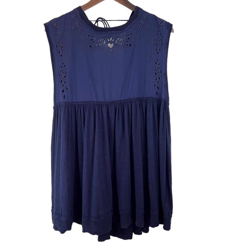 Free People Bella Babydoll Top Indigo Boho Eyelet Linen Blend Size Small